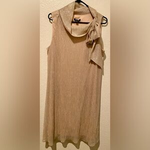 SLNY Shimmery Champagne Sleeveless Party Dress with Bow Detail